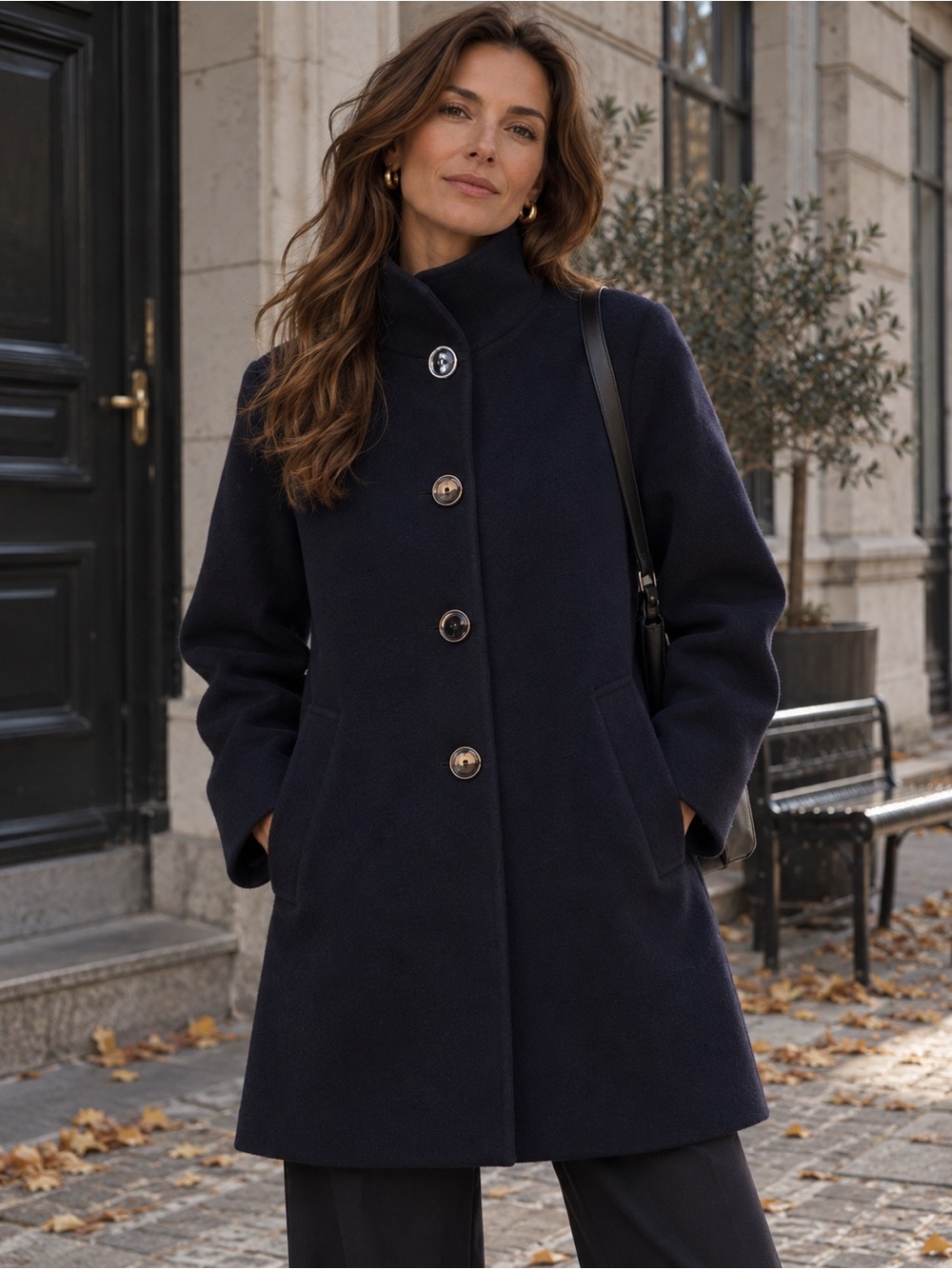 Cinzia Rocca Navy Black Wool Angora Coat Classic Tailored Overcoat Minimalist